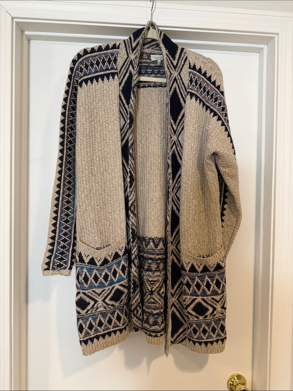 Lucky Brand Beige and Black Patterned Open-Front Cardigan